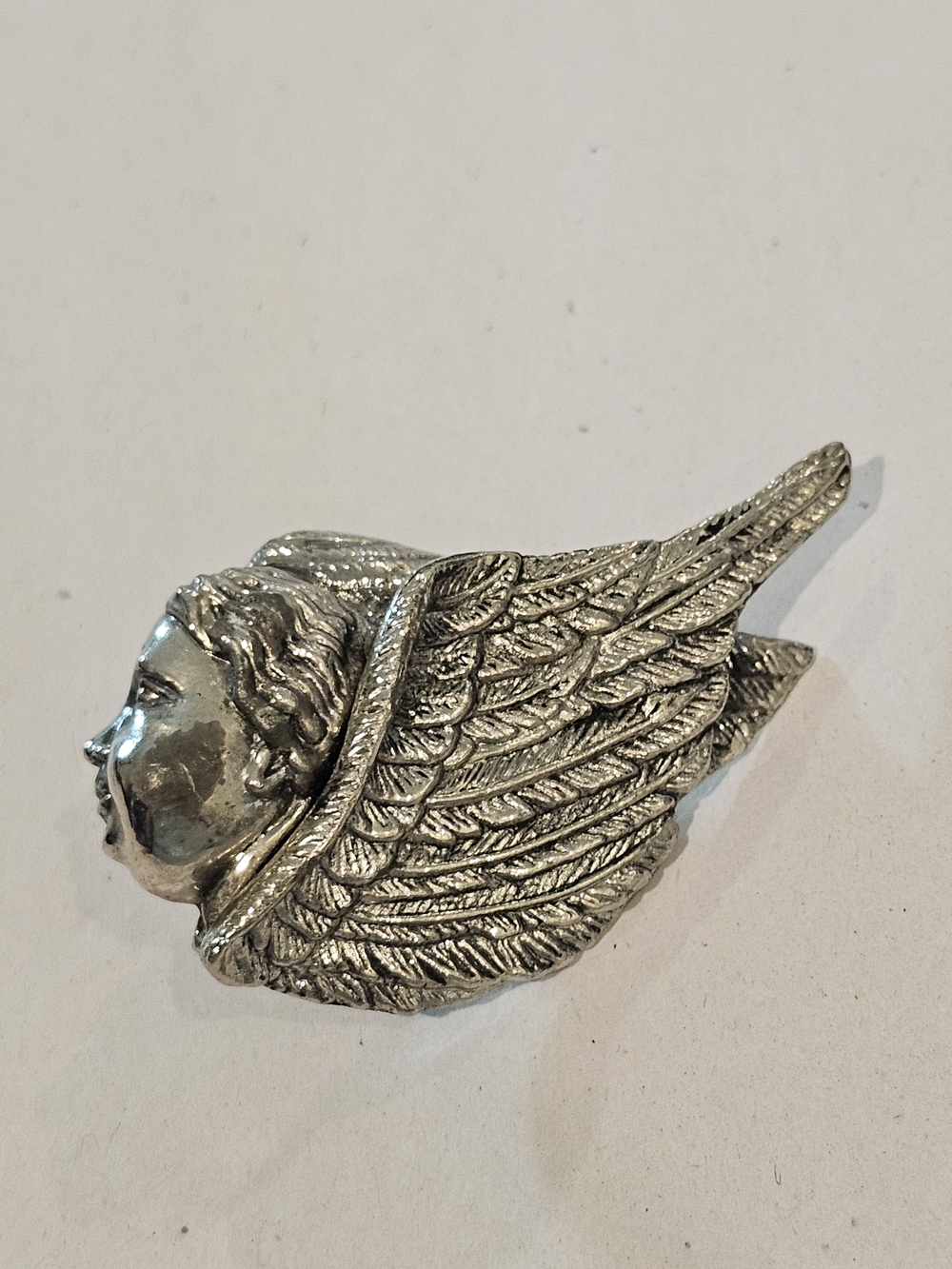 Vintage Rebecca Collins Winged Cherub Angel Pendant Scarf Ring Silver Tone